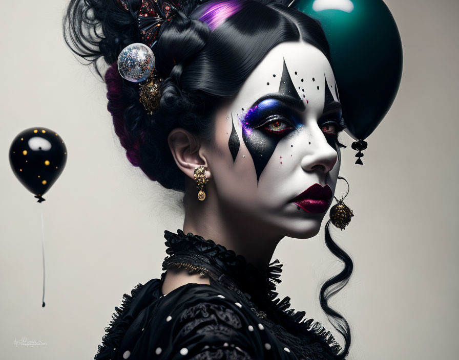 Woman in dramatic black and white clown makeup with vibrant eye shadow and floating balloons