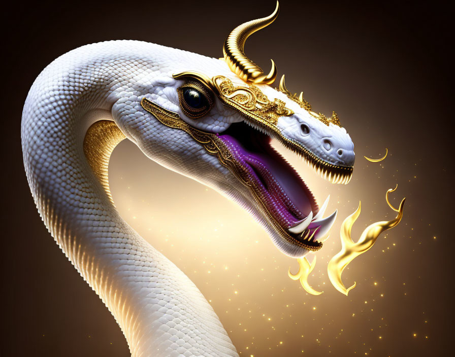 White Dragon with Golden Horns and Flames on Dark Background