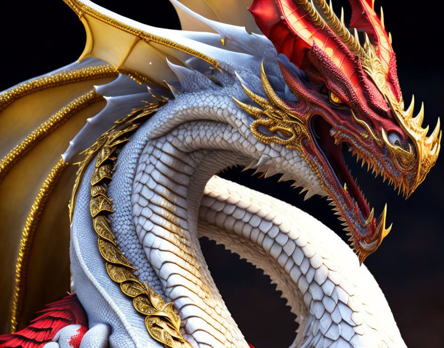 Detailed Digital Art: Majestic Dragon with White Scales and Gold Underbelly