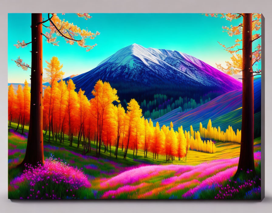 Snow-capped mountain in vibrant landscape with autumn trees and purple flowers