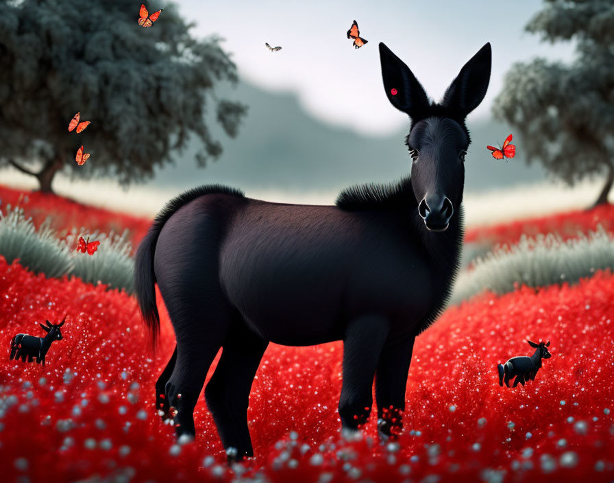 Donkey in vibrant red poppy field with butterflies and whimsical trees