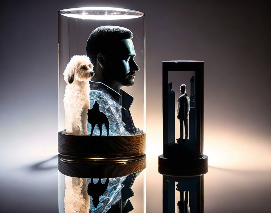 Dual cylindrical displays featuring man's bust, white dog, and male silhouette.