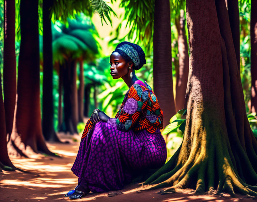 Traditional African Attire Woman Contemplating Among Towering Trees