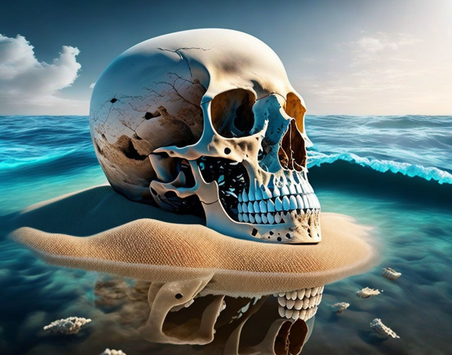 Skull and Globe Fusion on Sandbar with Ocean Views