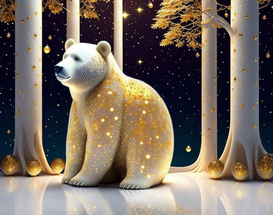 Glittering polar bear in magical forest with gold-leafed trees