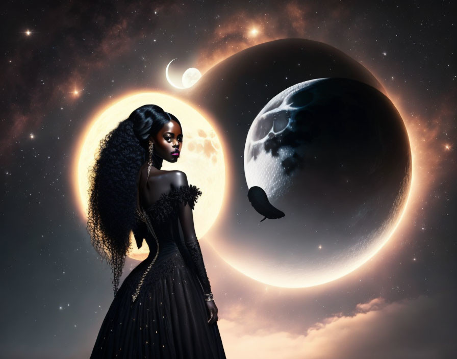 Woman in black dress under surreal night sky with moon and stars