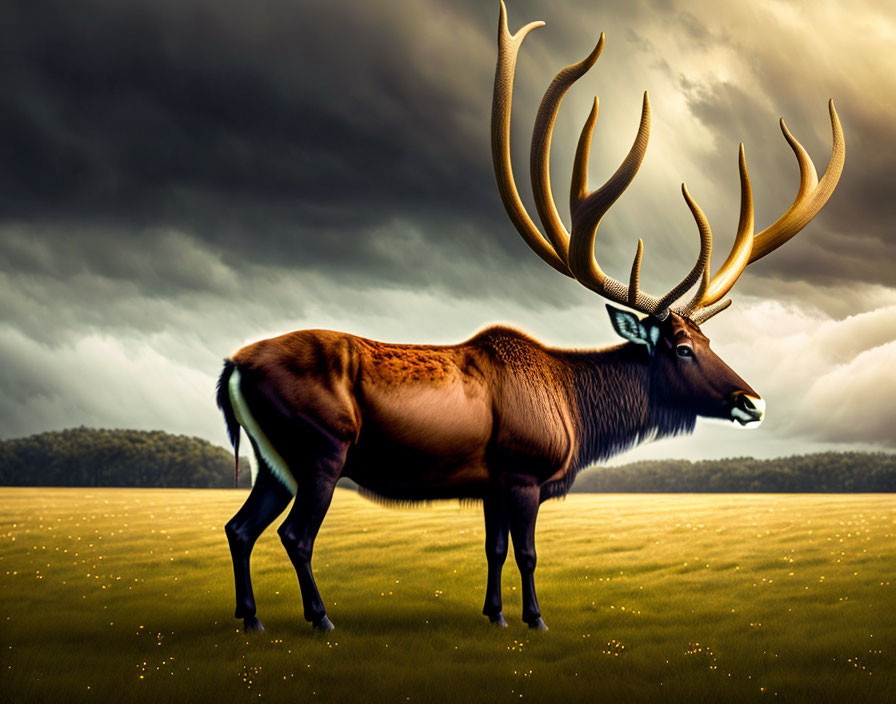 Majestic stag with intricate antlers in field under stormy sky