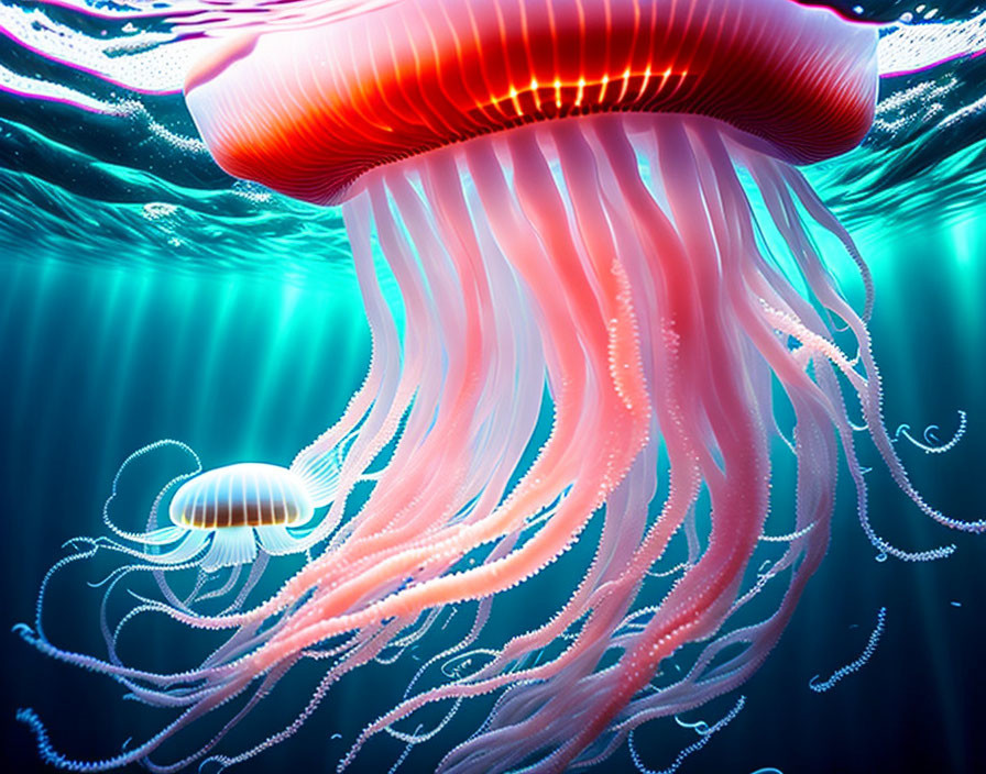 Colorful Jellyfish with Long Tentacles in Sunlit Ocean