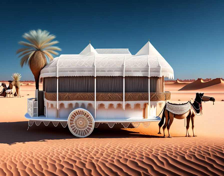 Ornate Caravan-style Vehicle with Lace Detailing in Desert Oasis