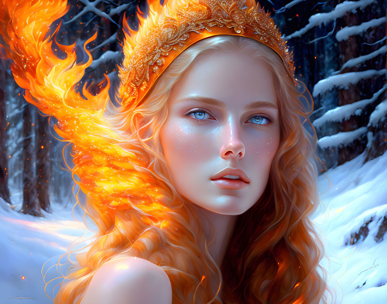 Fantasy portrait: Woman with fiery orange hair, golden crown, blue eyes, freckles,