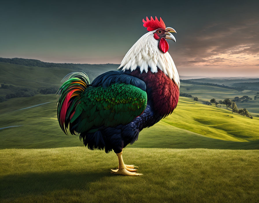 Colorful Rooster on Grassy Hill at Sunrise