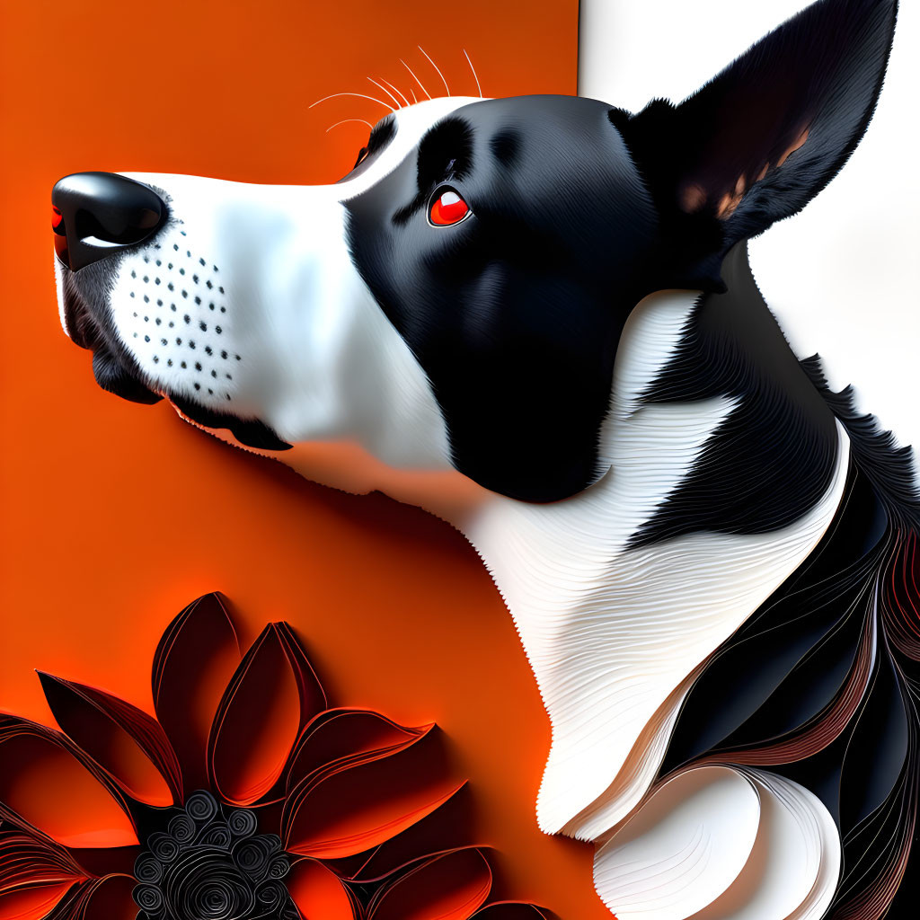 Monochromatic dog with red collar on floral orange backdrop