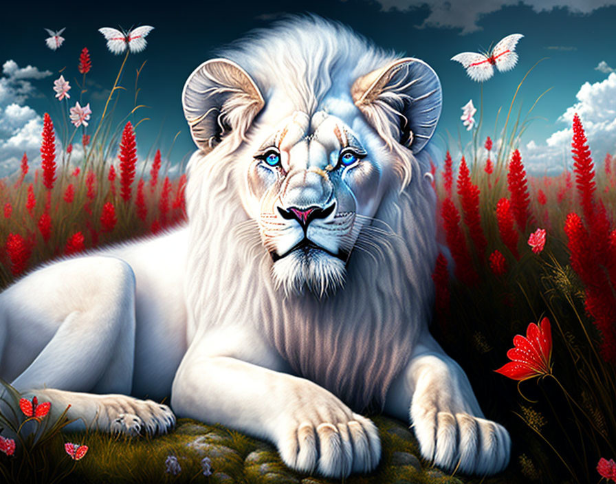 White Lion with Blue Eyes Resting Among Red Flowers and Butterflies