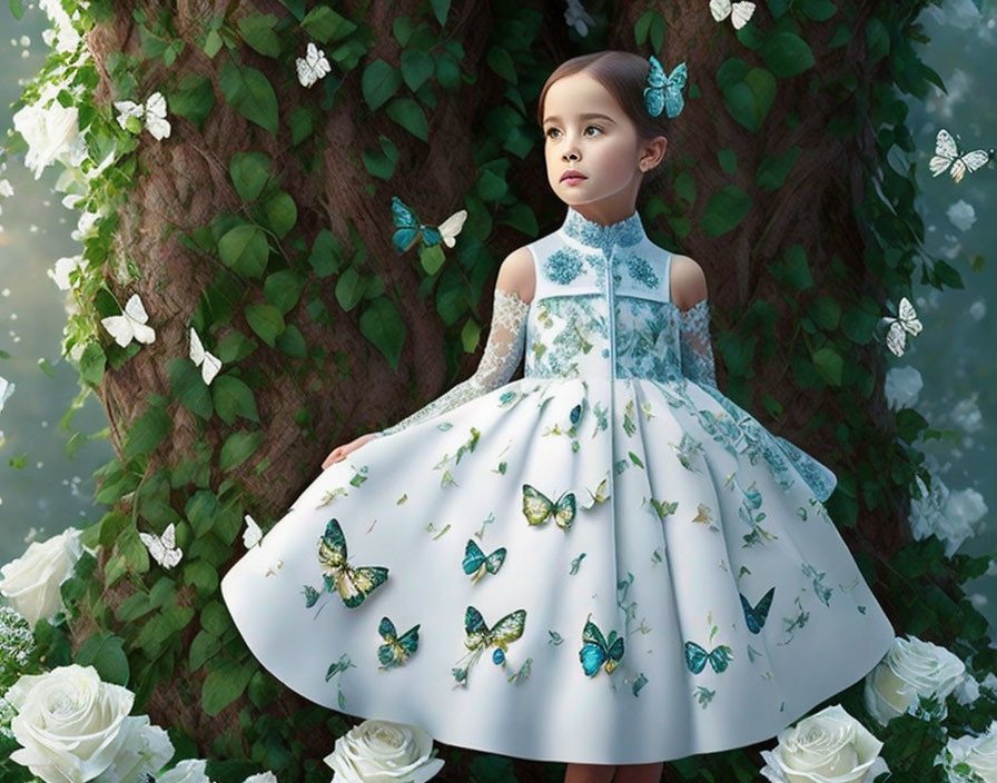 Young girl in white & blue butterfly dress near tree with white roses & butterflies.