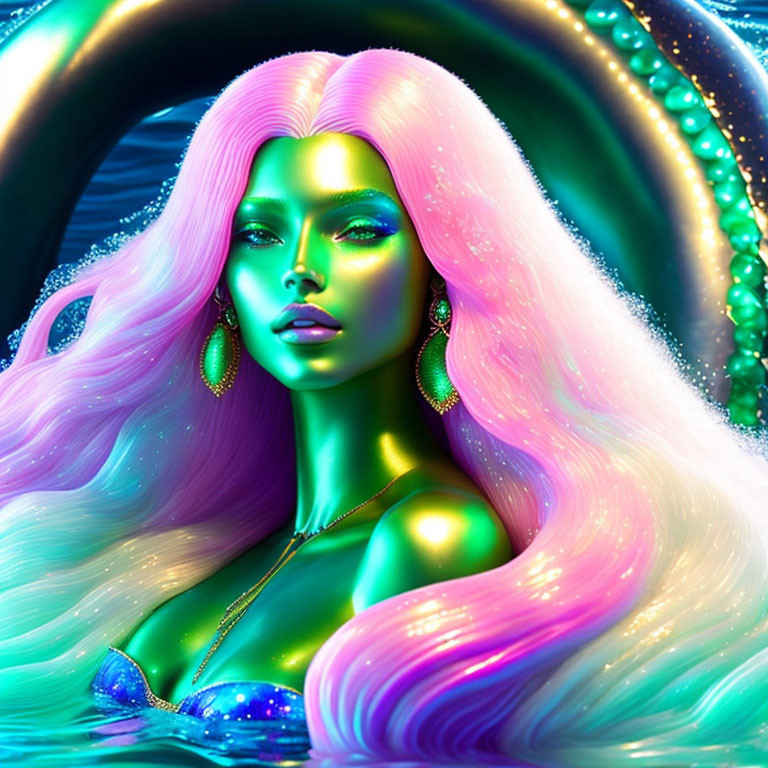 Colorful digital portrait of a woman with pink hair and green skin