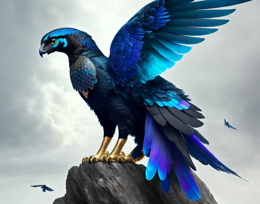 Stylized blue and black eagle perched on rock against cloudy sky