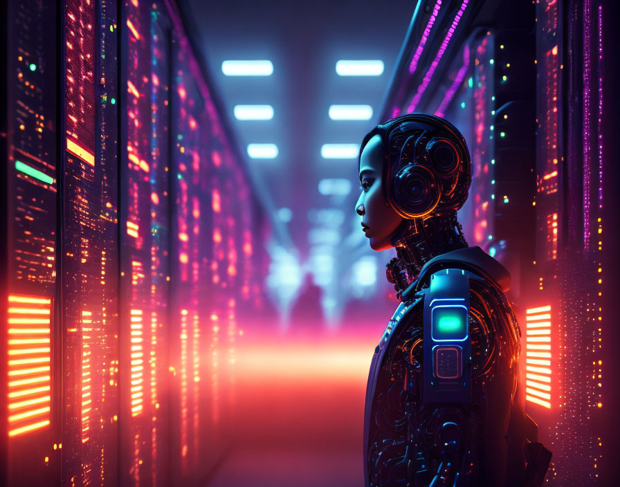 Intricate humanoid robot in neon-lit data center