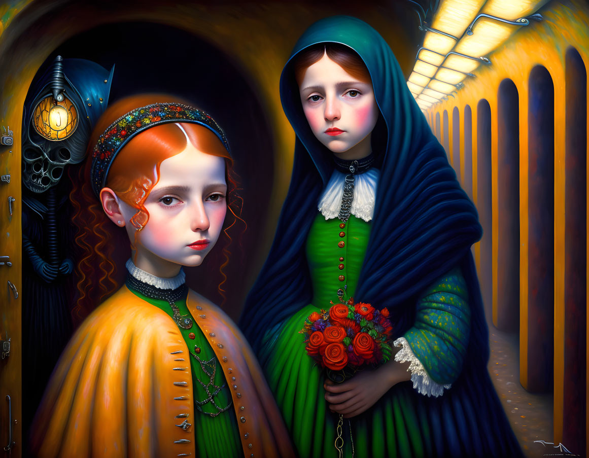 Vintage-dressed girls with flowers in surreal yellow hallway.