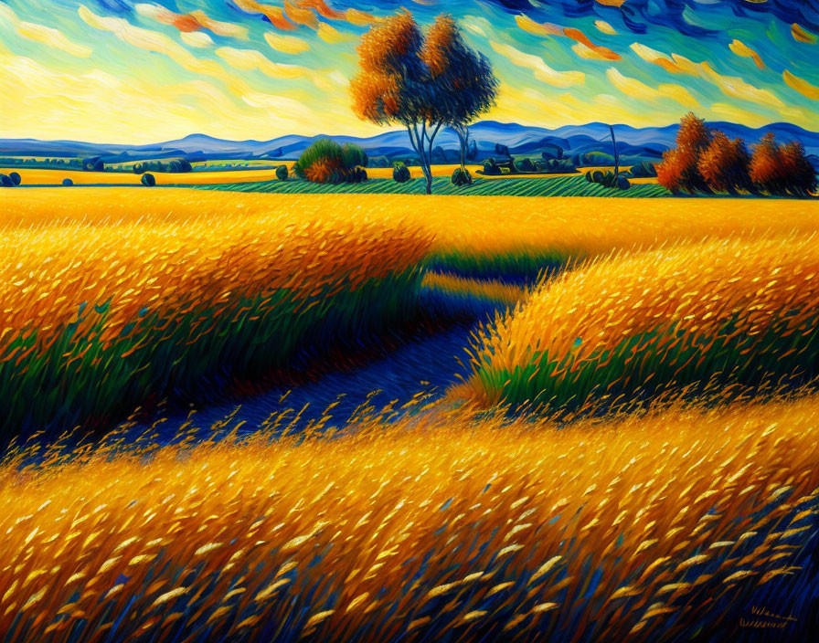 Golden wheat field painting with blue skies and solitary tree