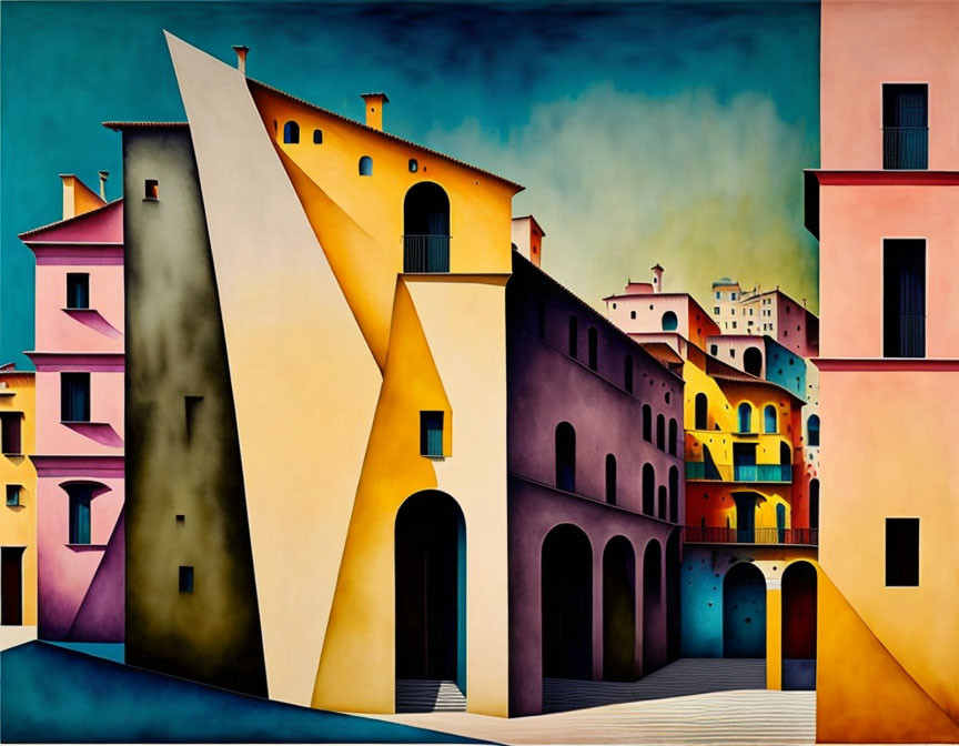 Colorful Stylized Architectural Streetscape Painting with Geometric Shapes