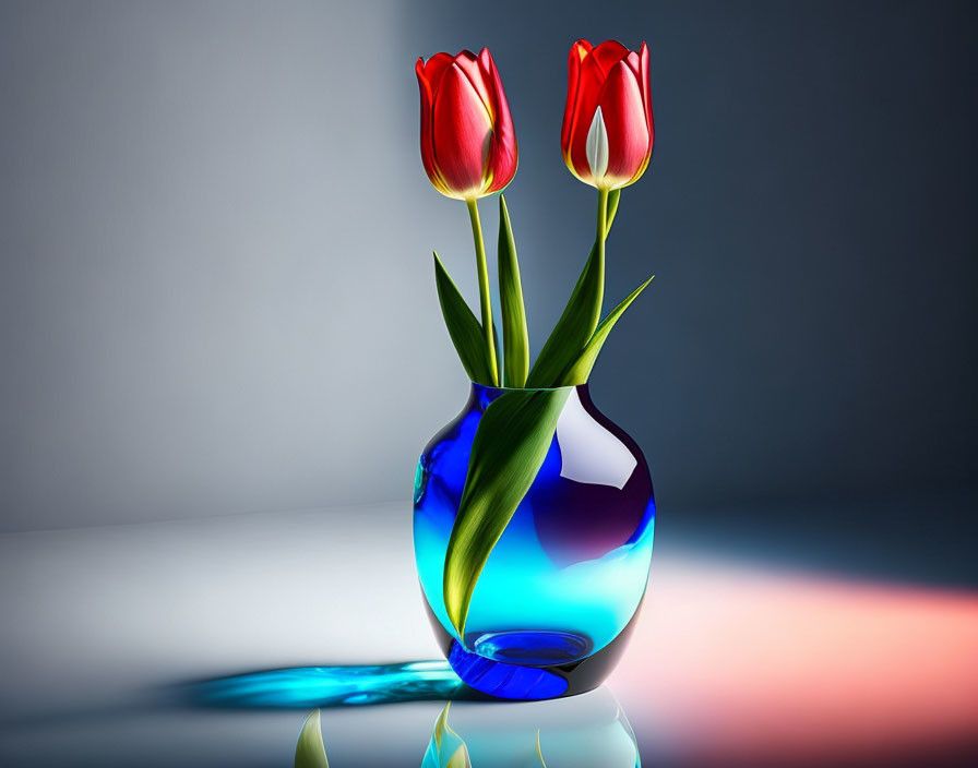 Red Tulips in Blue Vase Reflecting Colors on Gray Background