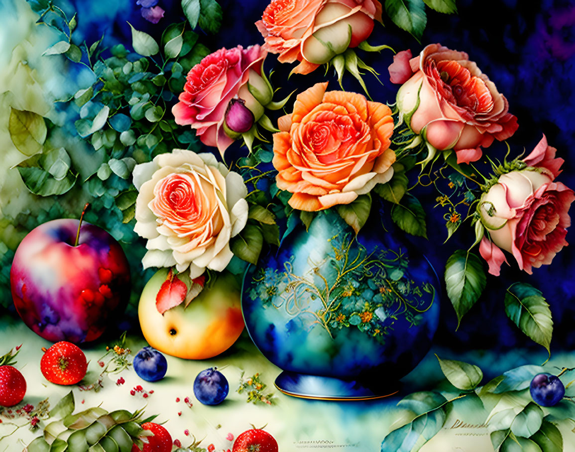 Colorful still life with blue vase, roses, fruits, berries, and foliage