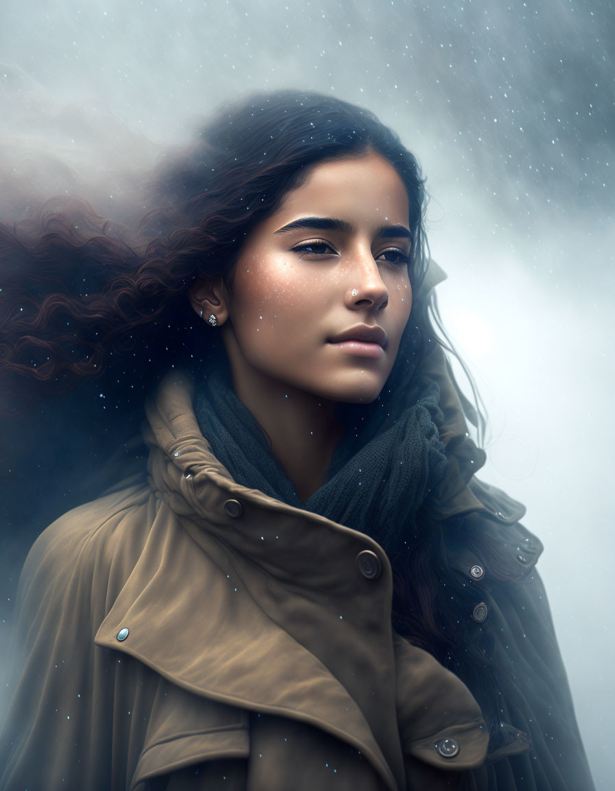 Woman with long, curly hair in coat and scarf under falling snowflakes