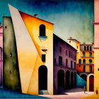 Colorful Stylized Architectural Streetscape Painting with Geometric Shapes