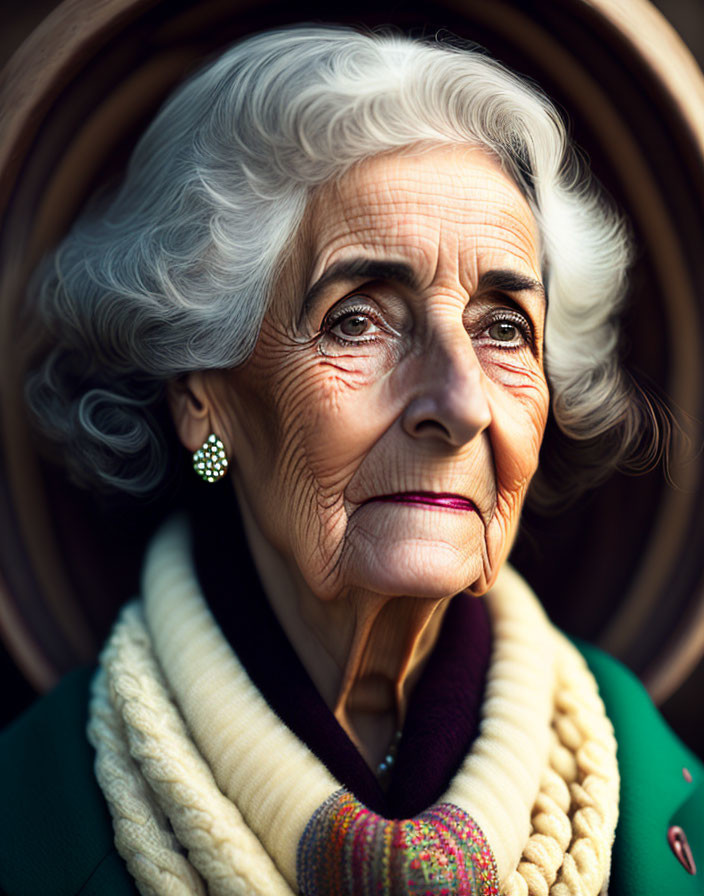 Elderly woman with white hair in green coat and scarf