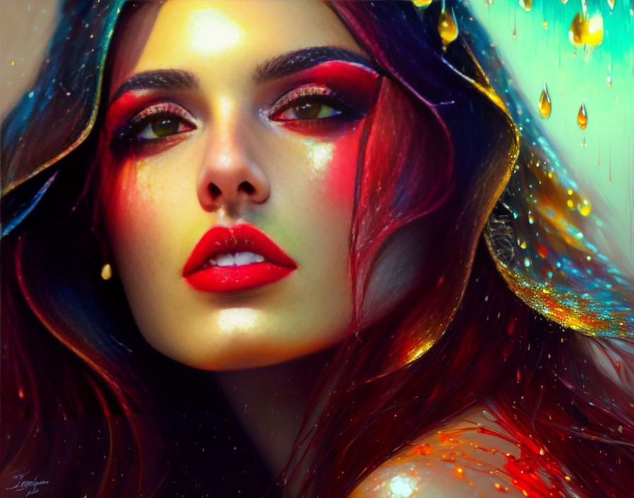 Colorful makeup portrait with lustrous lips and iridescent droplets.