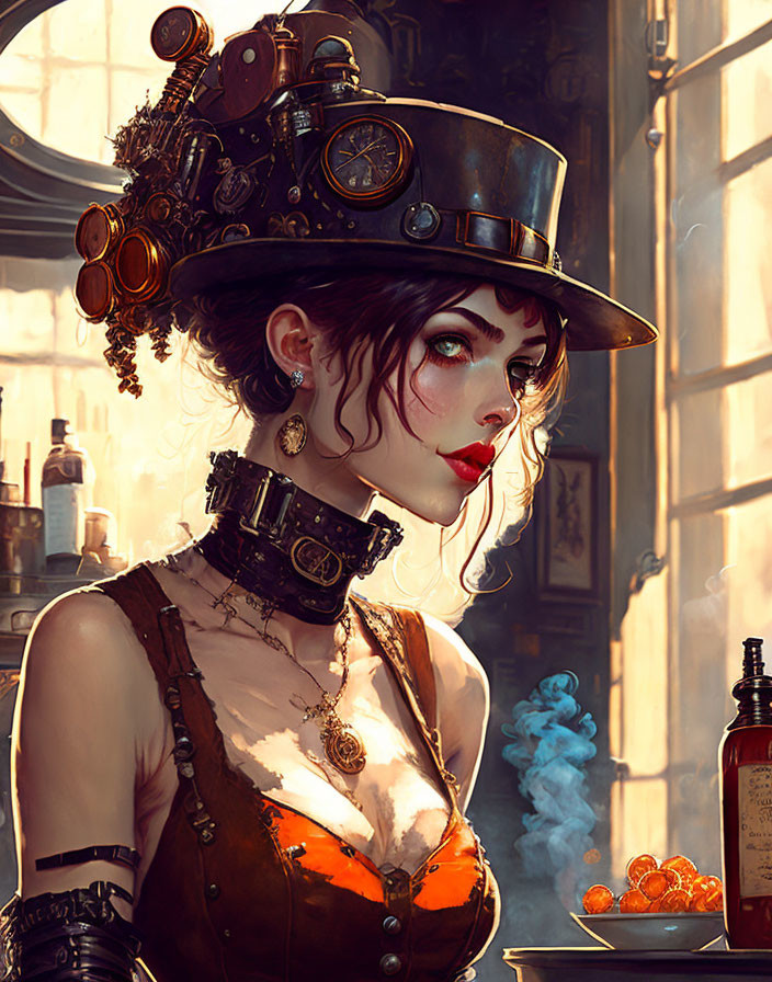 Steampunk-themed digital artwork of a woman in unique attire