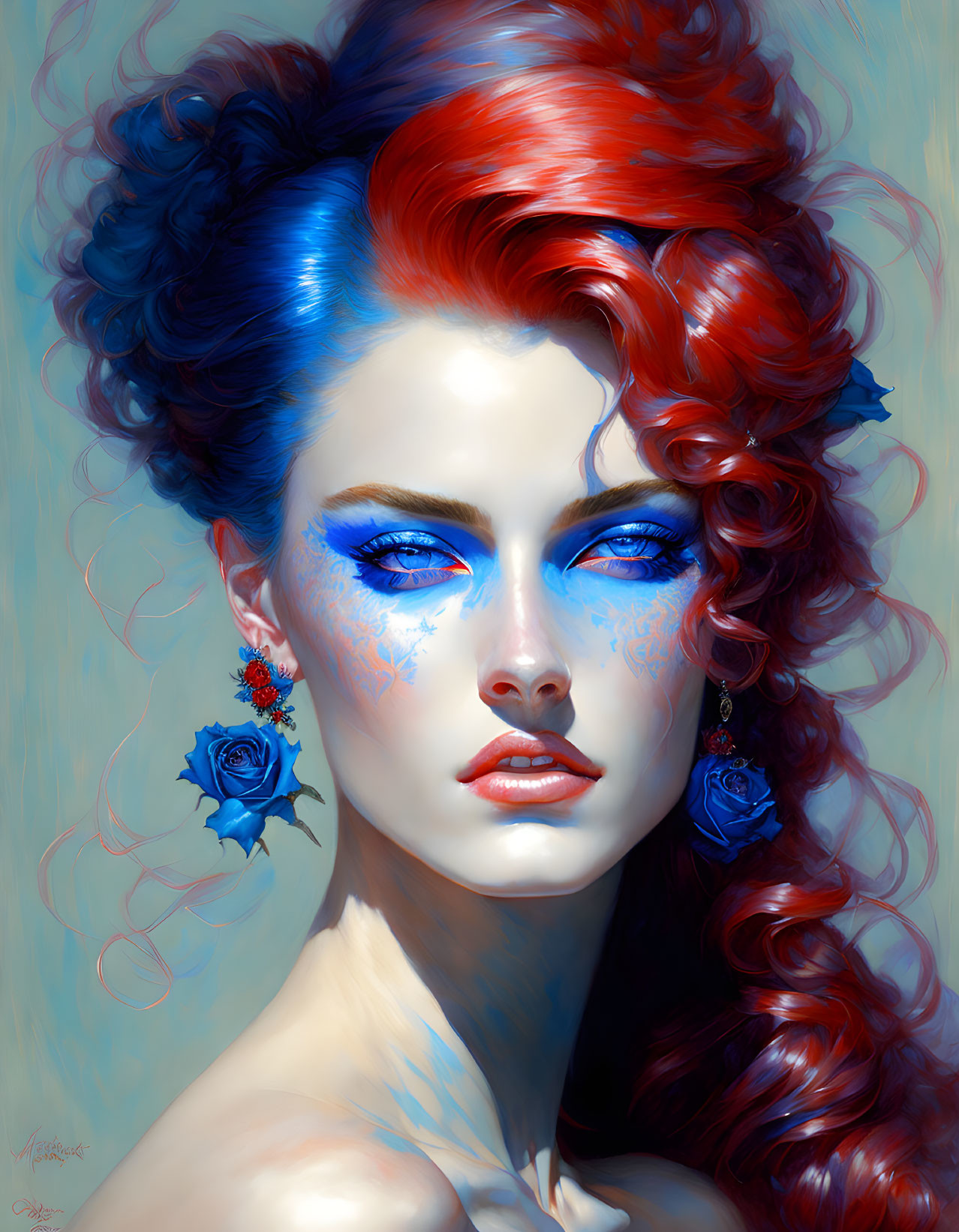 Vibrant blue and red hair woman portrait with blue eyes and rose earrings