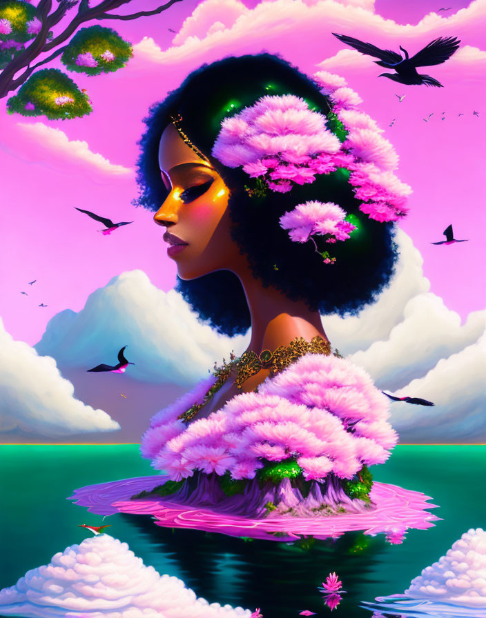 Surreal illustration of woman with Afro and pink flowers in dreamy setting