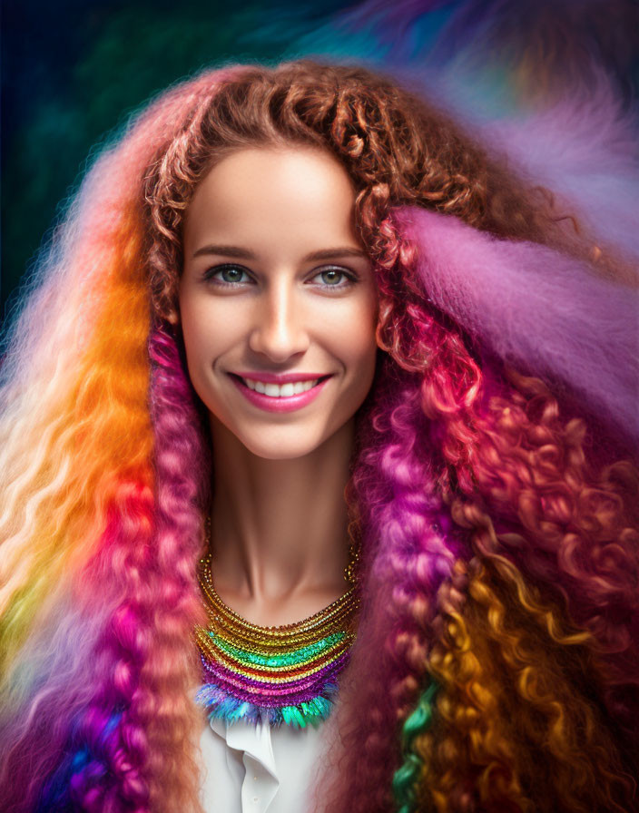 Smiling woman with rainbow-colored hair and beaded necklace