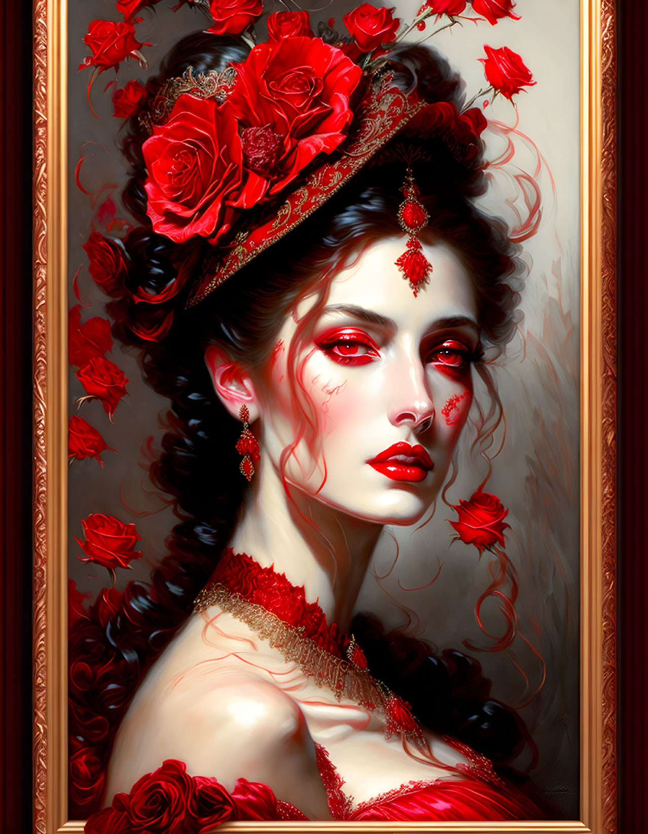 Portrait of woman with red roses, ruby earrings, and gothic elegance in golden frame