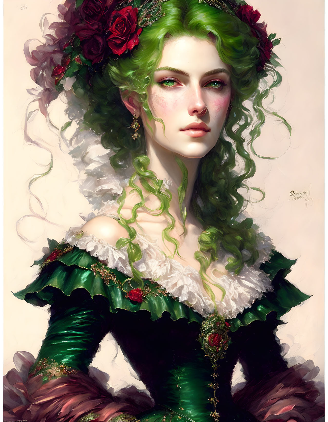 Fantasy digital portrait of a woman with emerald-green skin and red lips