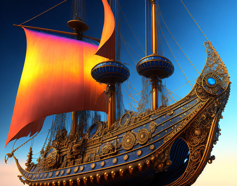 Golden fantasy ship with red sails on blue sky