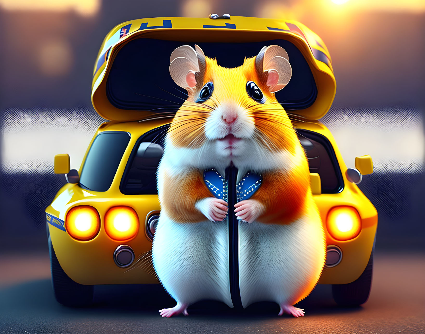 Anthropomorphic hamster in leather jacket by yellow taxi cab at urban sunset