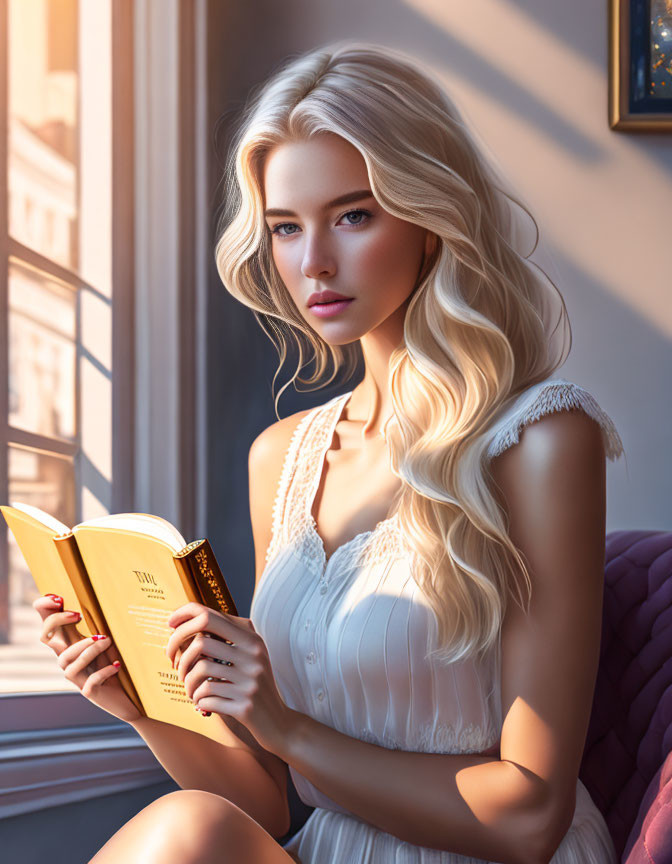 Blond woman reading by sunny window in white dress