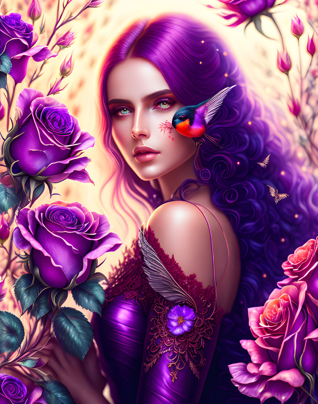 Colorful painting of woman with purple hair, bird, roses, and butterflies