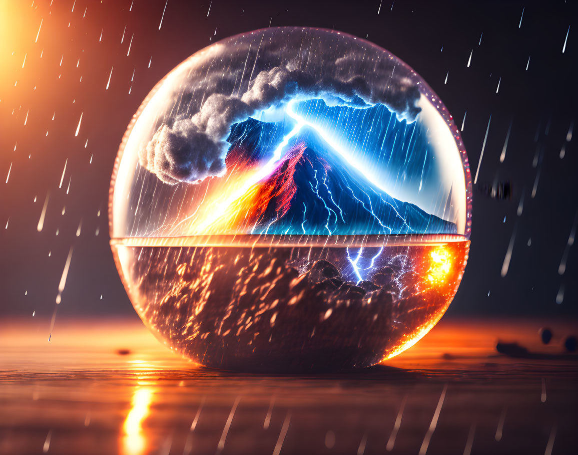 Glass sphere with volcano eruption, lightning, rain, and dusk sky