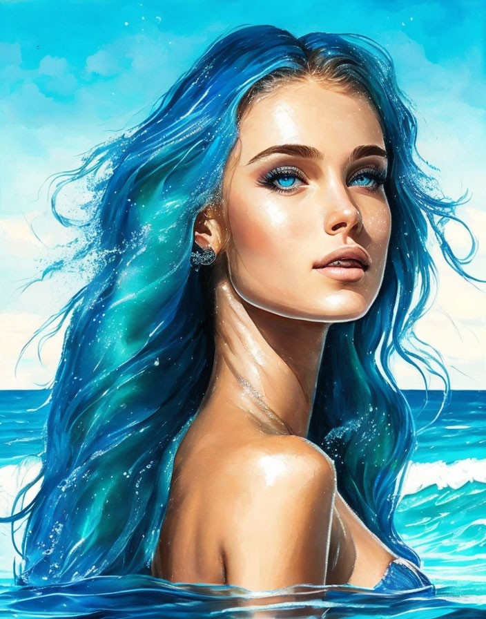 Blue-haired woman blending into ocean backdrop with serene expression