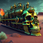 Fantastical steam locomotive in rocky desert landscape with green energy and flaming chimney
