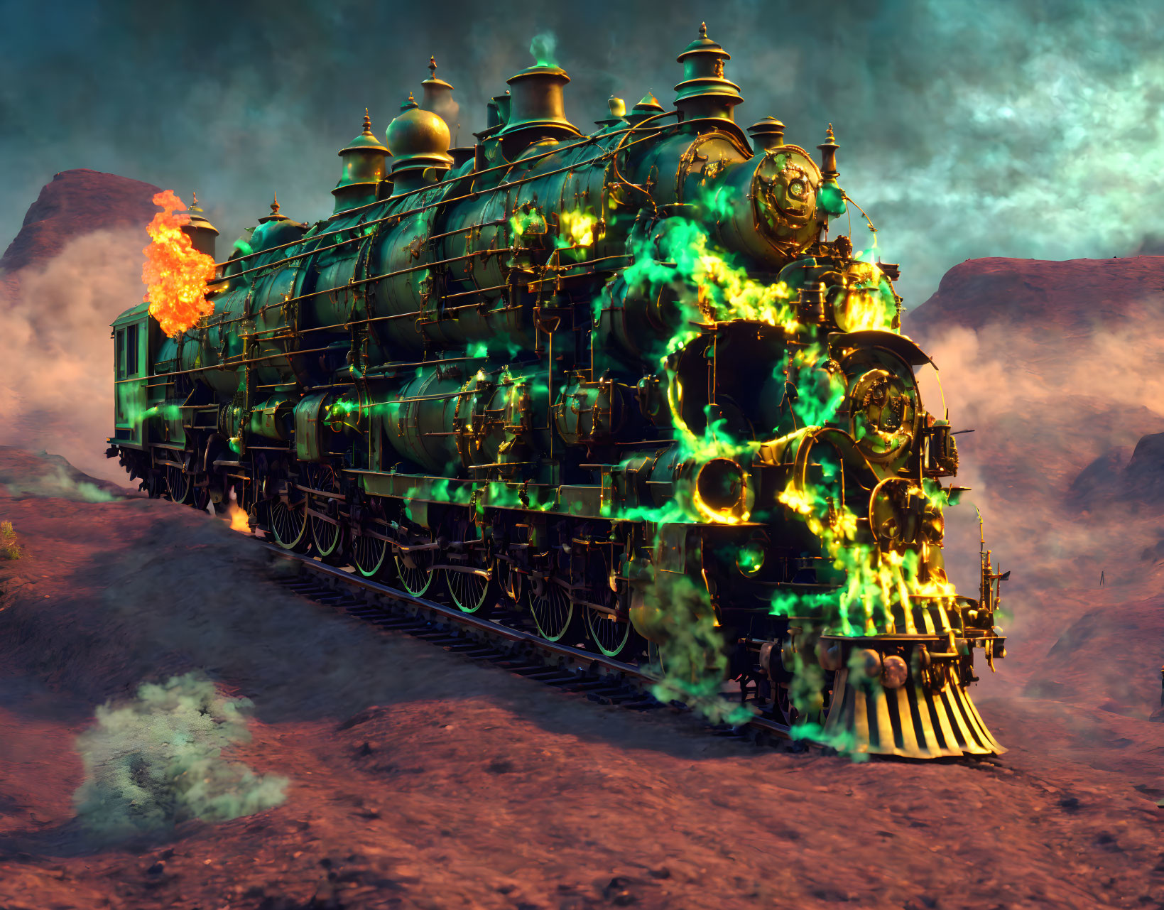 Fantastical steam locomotive in rocky desert landscape with green energy and flaming chimney