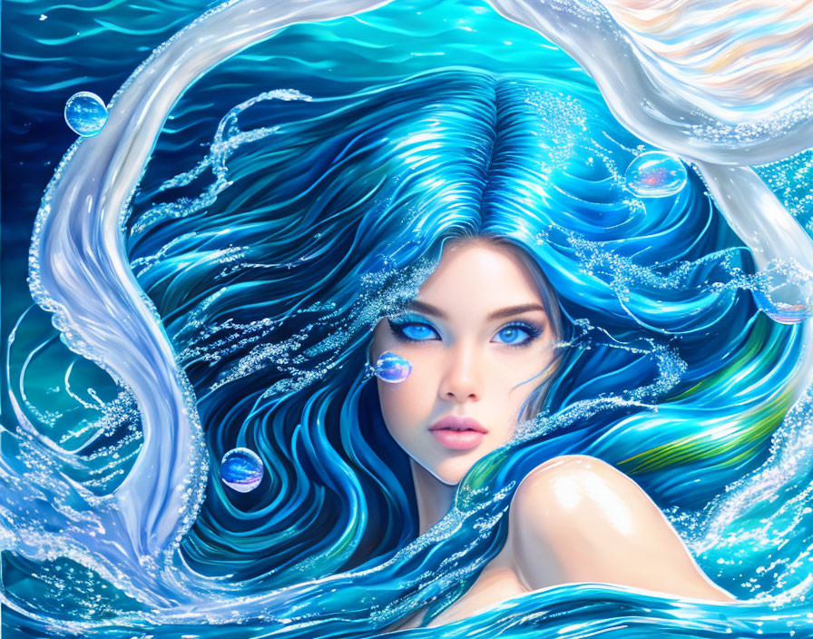 Illustration: Woman with Blue Wavy Hair in Water Theme