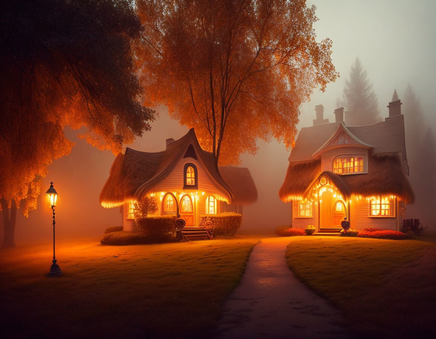 Cozy cottage in autumn twilight with foggy ambiance and glowing lamp post