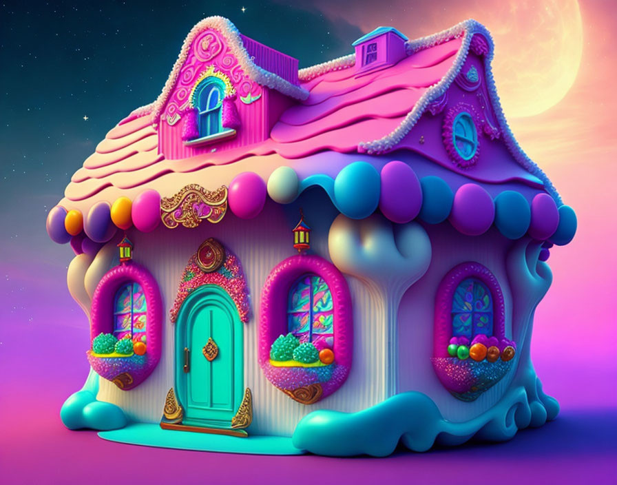 Whimsical house with pink and blue color scheme, ornate windows, teal door, under star