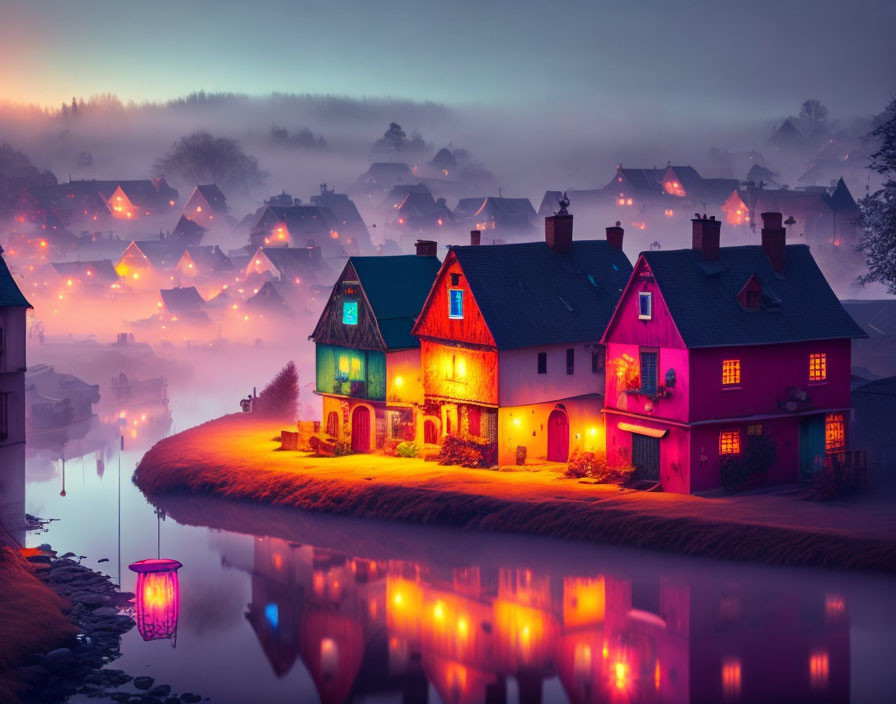 Village at Dusk: Colorful Houses by River in Twilight