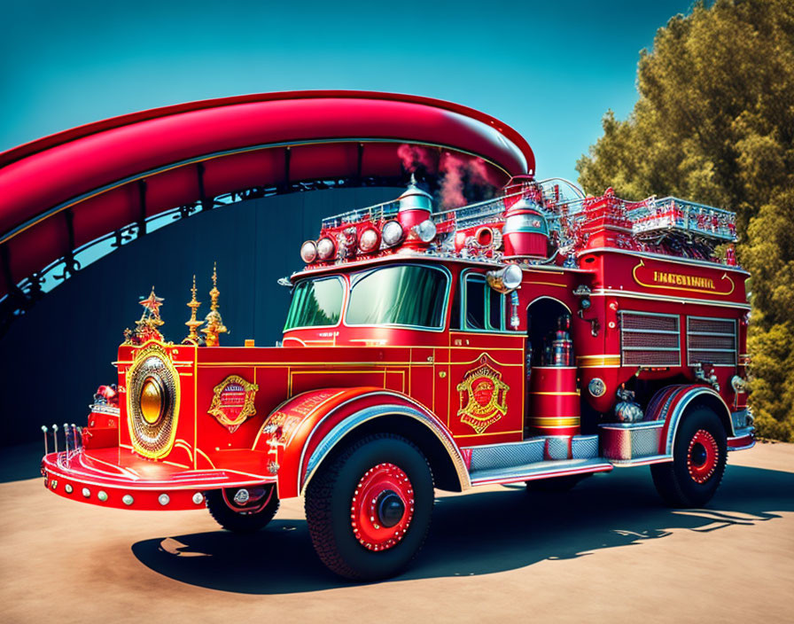 Classic Red Fire Truck with Gold Detailing Under Arch Structure