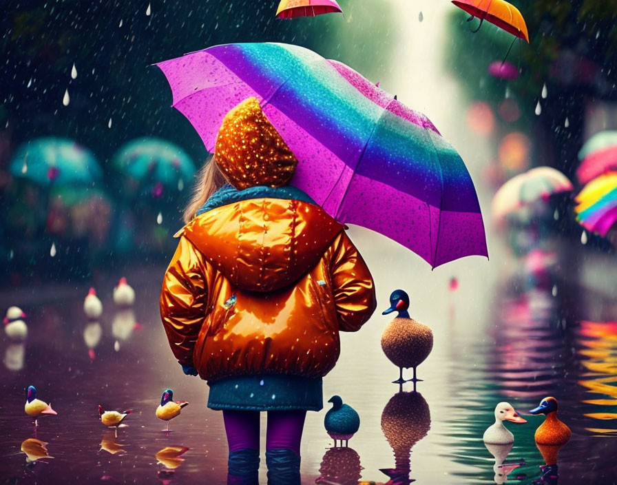 Person in Golden Jacket with Colorful Umbrella in Rainy Scene